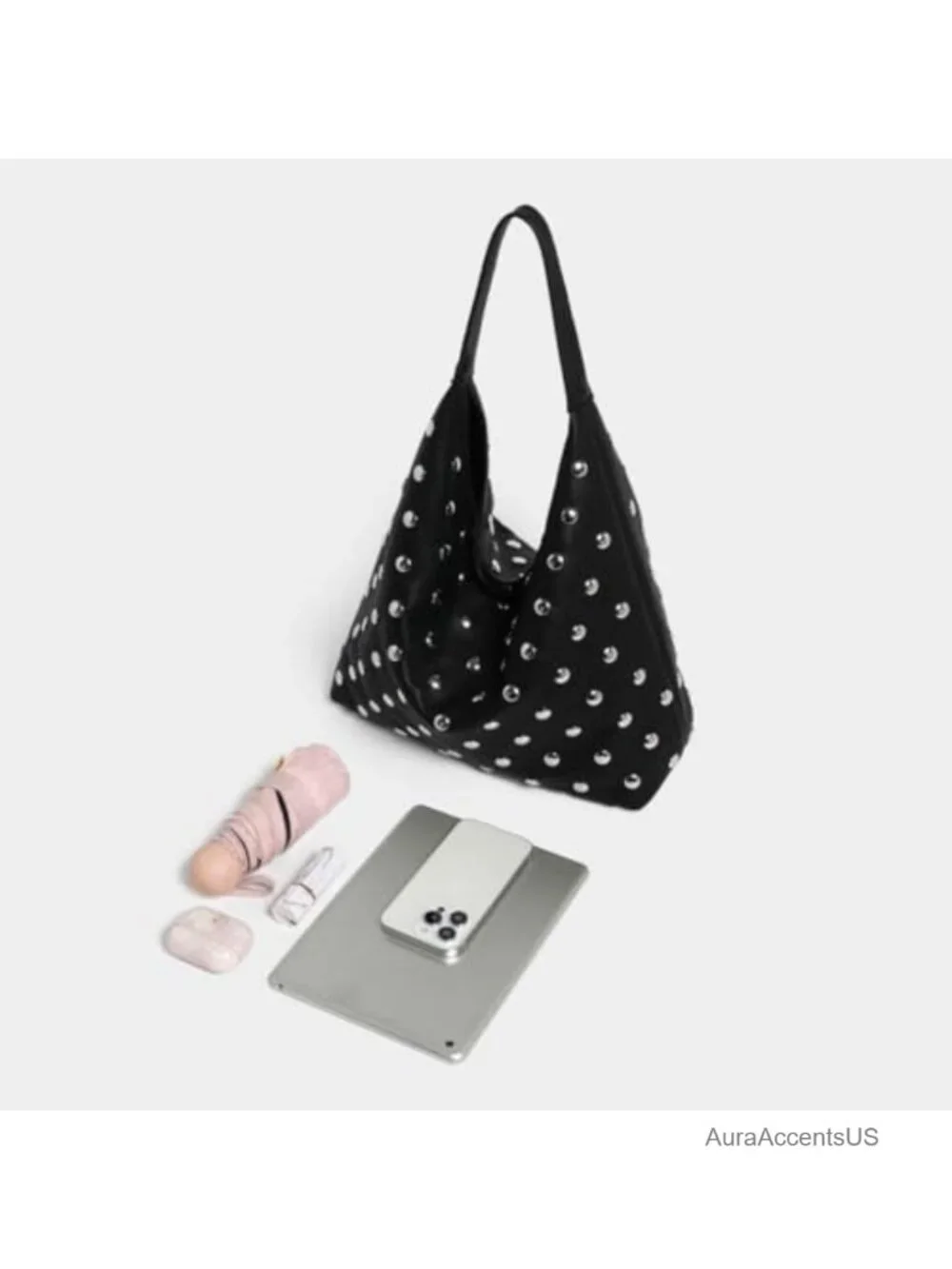 Studded Hobo Bag Women's Vegan Leather Shoulder Handbag Slouchy Tote